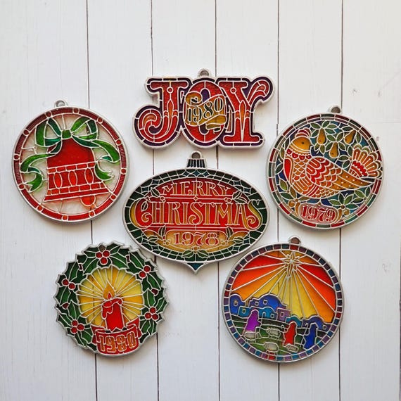 Vintage HALLMARK Christmas Ornaments Set of 6 Tiffany Classics Plastic Faux Stained Glass 1977 to 1980 Wreath Bell Partridge