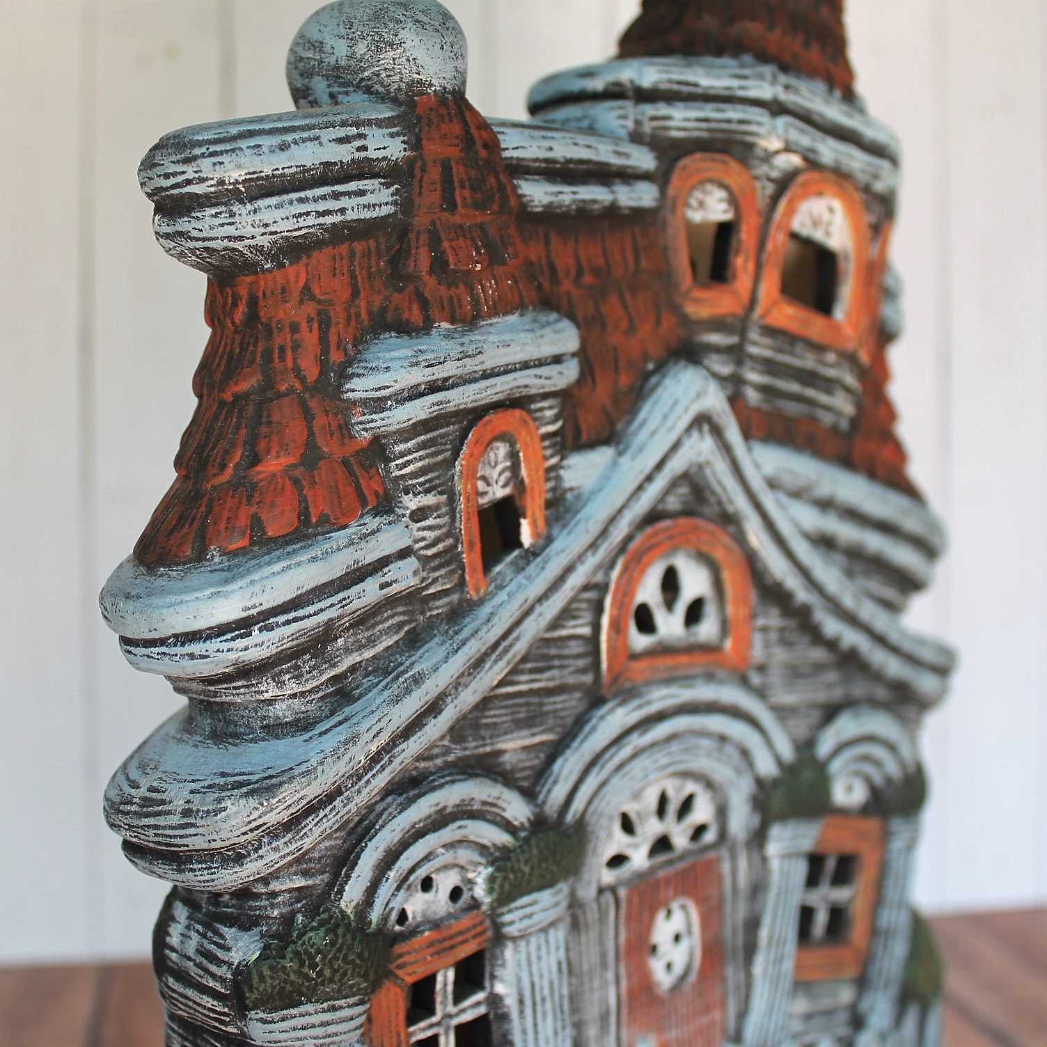 Vintage Ceramic Haunted House Halloween Figurine Luminary with Pumpkin Jack O Lanterns