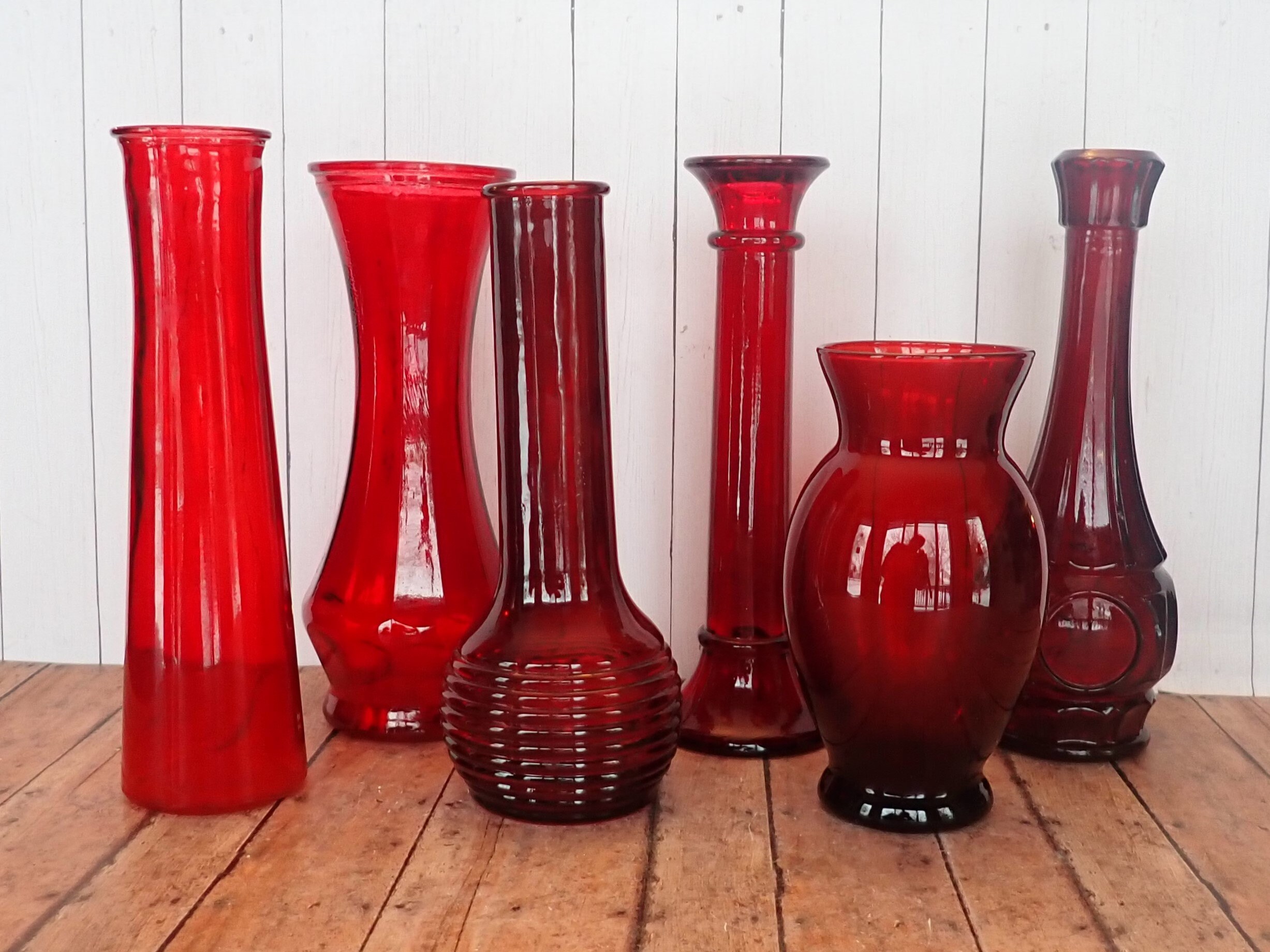 Vintage Red Glass Vase Set of 6 All Different Square Hobnail Pattern
