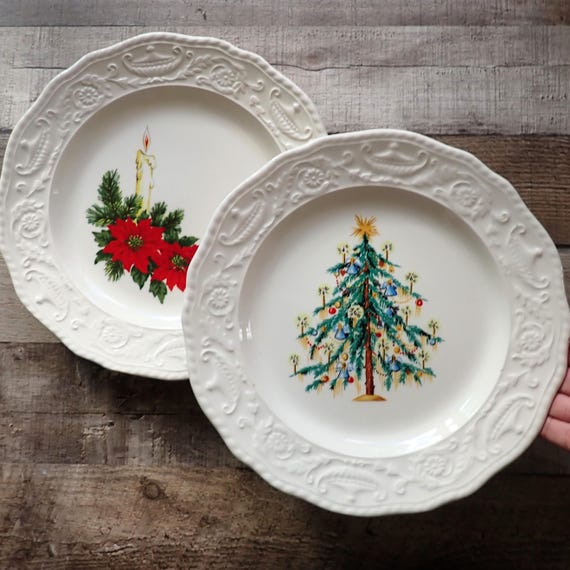 Vintage Canonsburg Pottery Adam Antique Dinner Plate Set of 2 Christmas Tree and Candle Designs 1960s