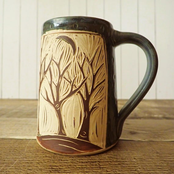 Renee Schwaller Pottery Mug Blue and White Stoneware with Etched Tree Design Door County WI
