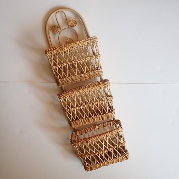 Vintage Wicker Rattan Wall Hanging Mail Bill Organizer with 3 Compartments