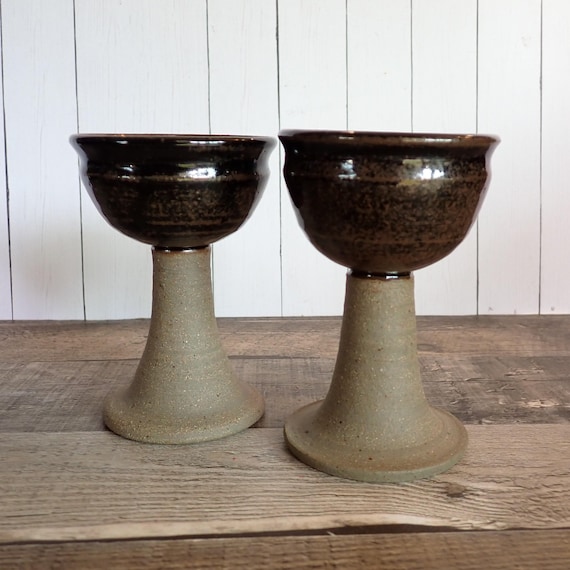 Vintage Stoneware Pottery Goblet Set of 2 Gray and Brown Chalice Wine Glass Renaissance Medieval Hand Made Signed King