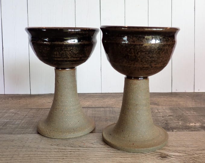 Vintage Stoneware Pottery Goblet Set of 2 Gray and Brown Chalice Wine Glass Renaissance Medieval Hand Made Signed King