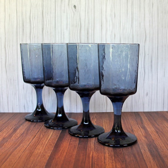 Vintage Libbey Glass FACETS COBALT Blue Faceted Wine Glass 6 oz. Goblet Set of 4