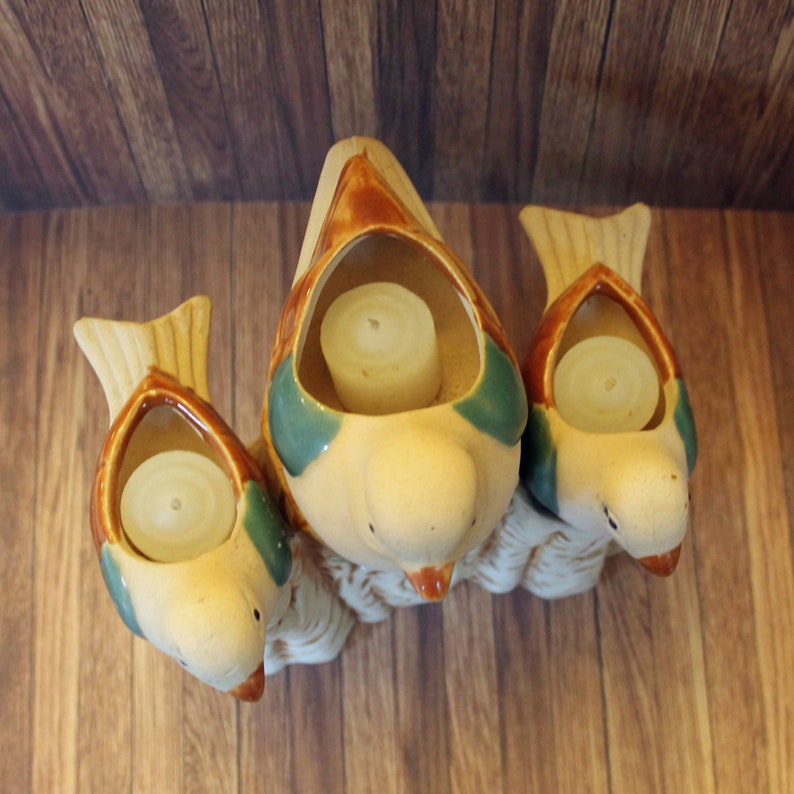 Vintage Stoneware Bird on Tree Branch Figurine Candle Holder with Three Birds and Ceramic Tree White Brown Blue Free Shipping