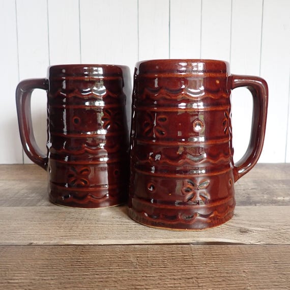 Vintage Marcrest DAISY DOT Large Mug Stein Set of 2 Mugs Brown Flower Pattern