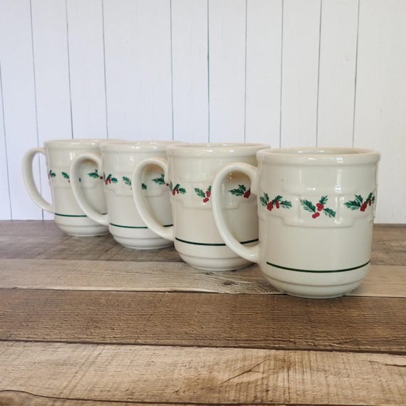 Vintage Longaberger Pottery HOLLY Mug Coffee Cup Set of 4 or Set of 8 Traditional Christmas Pattern Woven Holly and Berry Design