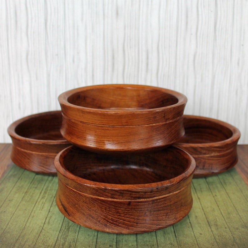 Vintage Wooden Salad Bowl Serving Set with Large Bowl 4 Individual Bowls and 2 Spoons Teak Wood Thailand Modern Style