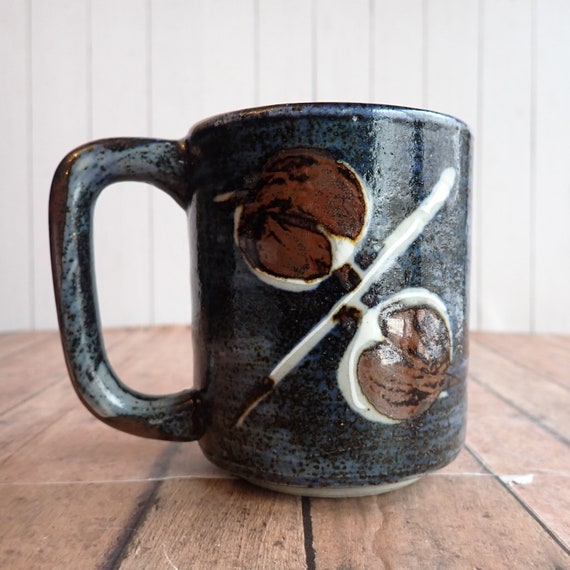 Vintage Otagiri Dark Blue Stoneware Mug with Handle Blue Stoneware with Brown Leaf Design