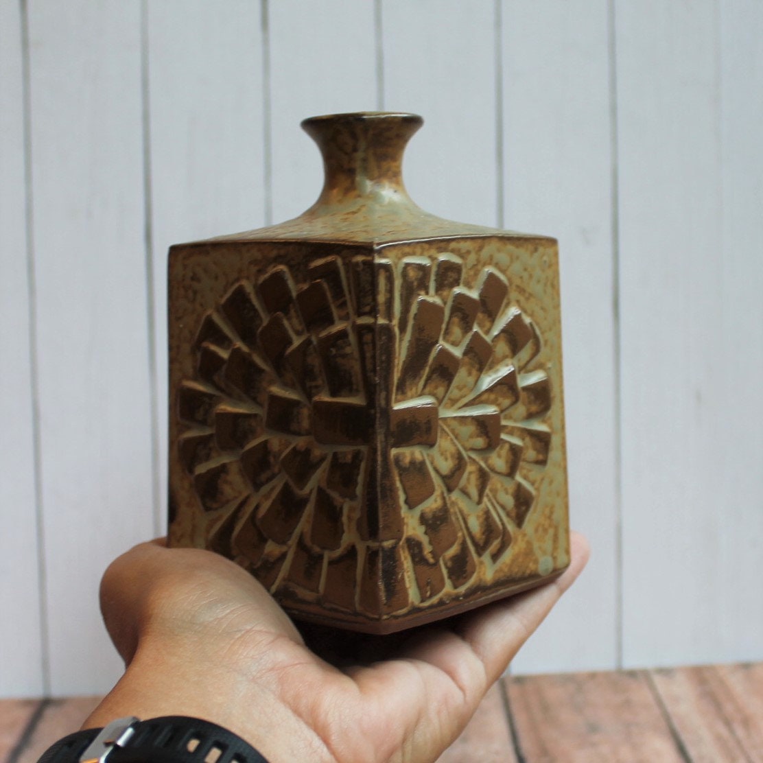 Vintage Otagiri Square Stoneware Vase with Brown Starburst Flower