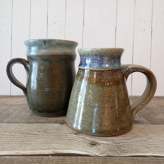 Vintage Blue Stoneware Pottery Mug Coffee Cup Set of 2 Blue and Rustic Mugs