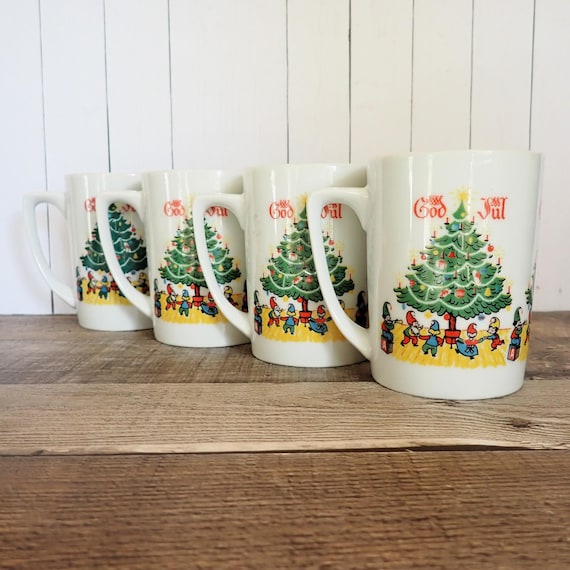 Vintage Berggren Christmas Mug Coffee Cup Set of 4 God Jul Merry Christmas Swedish Scandanavian Design