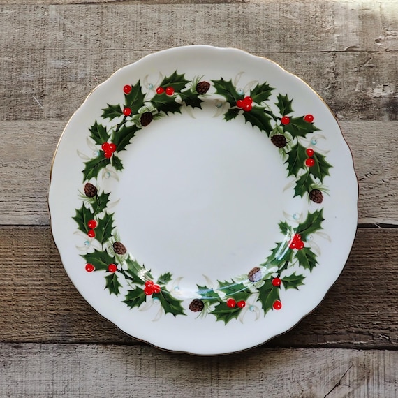 Vintage Royal Chelsea NOEL Salad Plate White Bone Chine with Green Holly Leaves Made in England