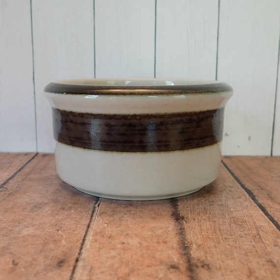 Vintage Arabia Finland KARELIA 4" Round Open Sugar Bowl White Stoneware with Brown Glazed Band