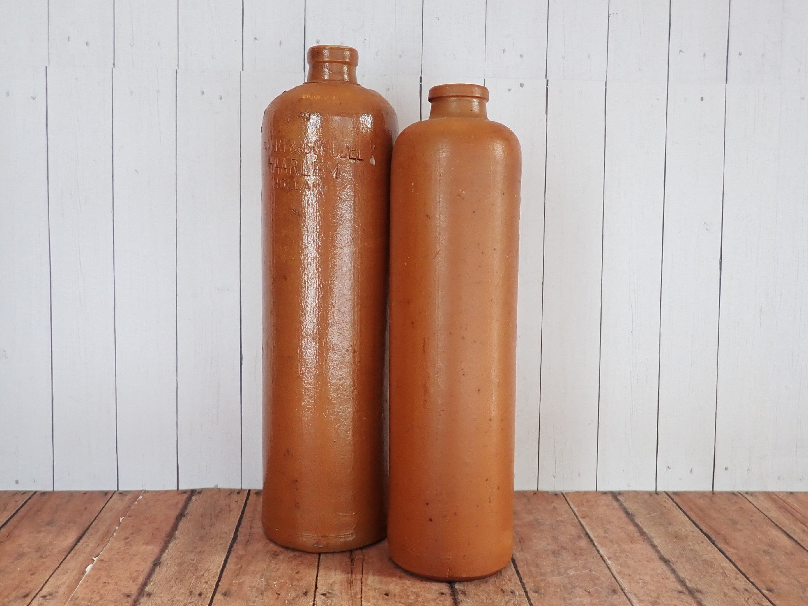 Vintage Stoneware Wine Bottle Set of 2 Brown Ceramic Bottle Jug HC Konig Steinhagen Germany and