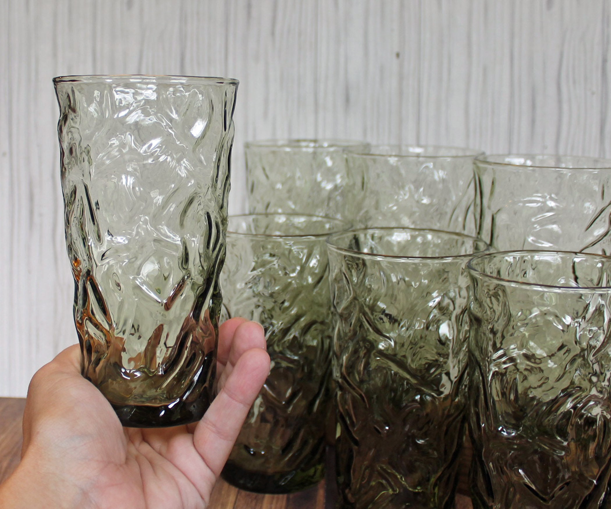 Vintage Libbey AZTEC Green 5.5 Tumbler 10 oz. Set of 8 Textured Tree ...