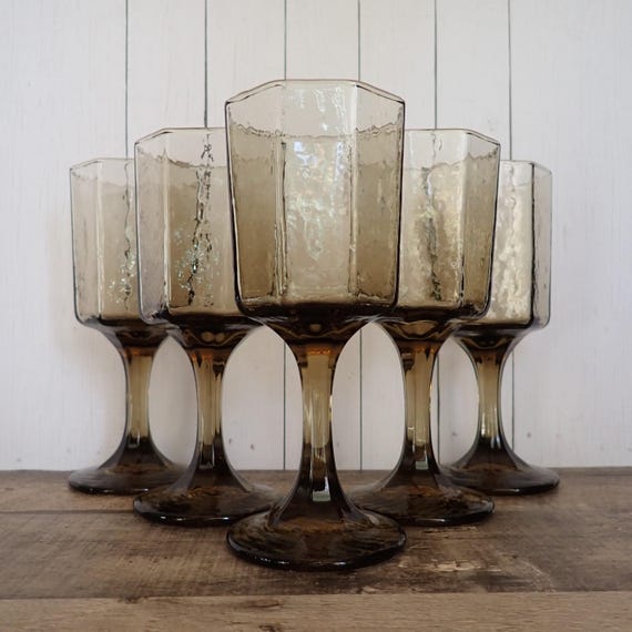 Vintage Libbey Glass FACETS Smoky Brown Faceted Wine Glass Set of 5 Flat Paneled Glasses