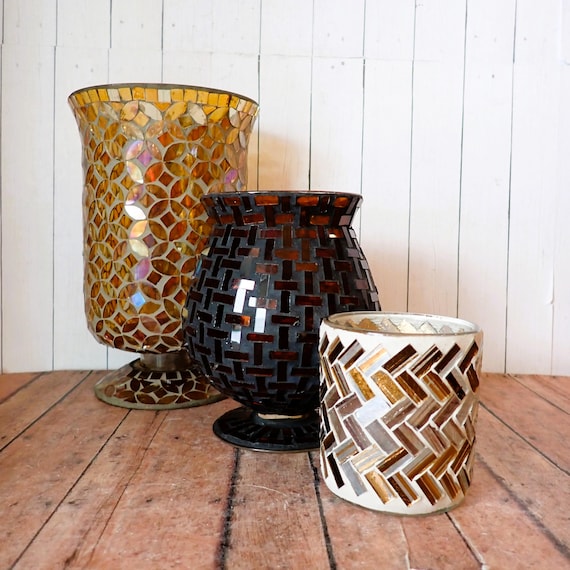 Vintage Glass Hurricane Mosaic Candle Holder Set of 3 Brown Amber Yellow White Votive or Pillar Candle Holder