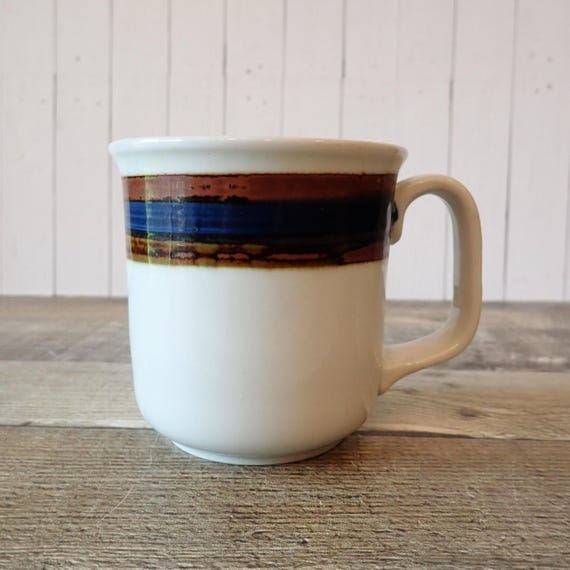 Vintage Lauffer CATAWBA Mug Coffee Cup White Stoneware with Brown and Blue Band