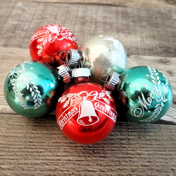 Vintage Shiny Brite Mercury Glass 1.75" Ball Ornament Set of 5 Stenciled Red Blue and Silver Merry Christmas Winter Scene