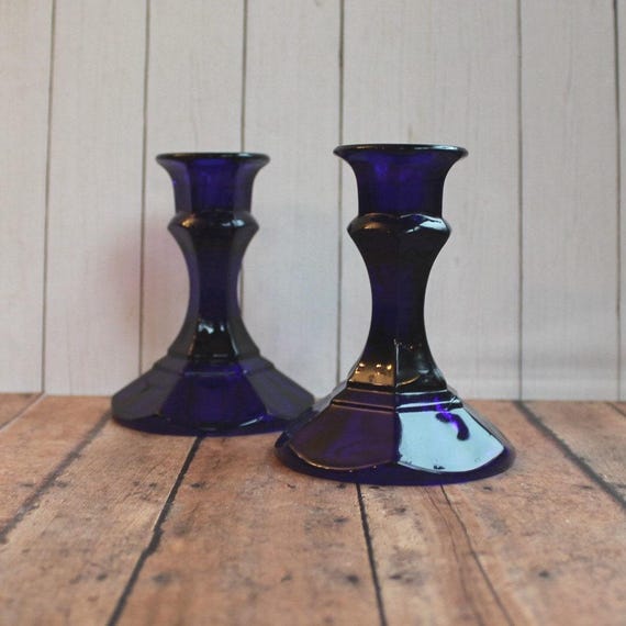 Vintage Indiana Glass 4" Cobalt Blue Candlestick Holders Pair Set of 2 Candle Holders Candlesticks