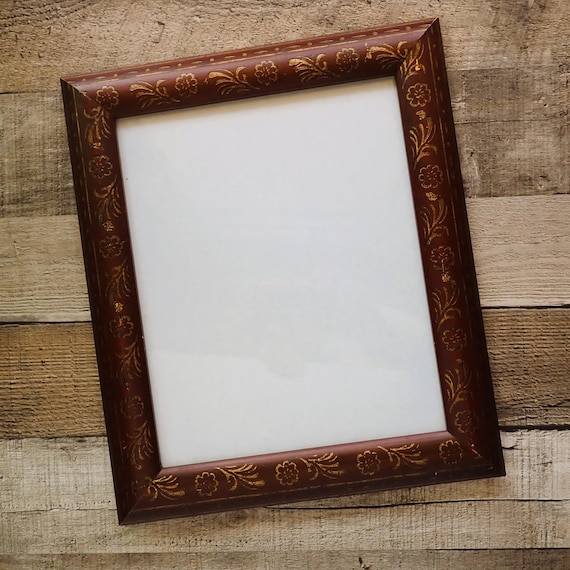 Vintage Wooden Photo Picture Frame 8x10 Red Wood with Gold Scroll Floral Flower Design