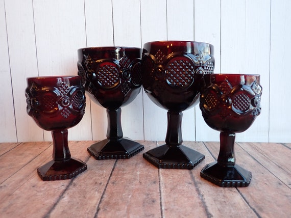 Vintage Avon CAPE COD Ruby Red Glass Set of 4 Wine Glass and Water Goblet