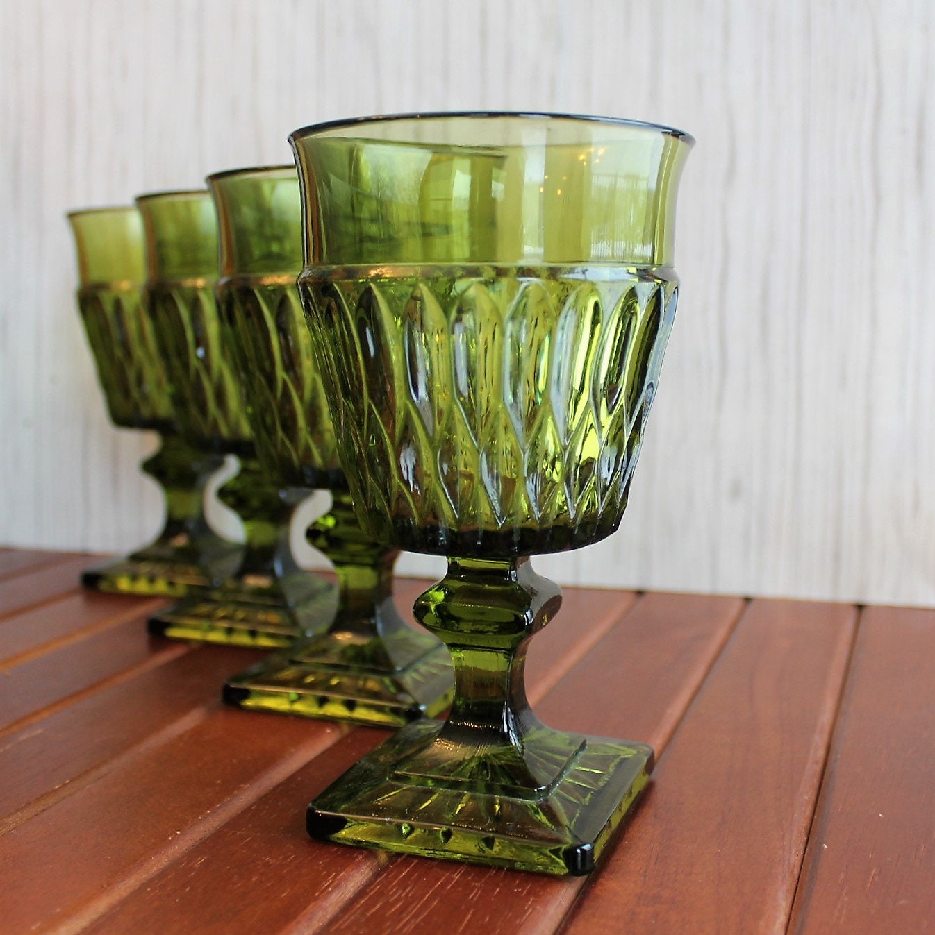 Vintage Indiana Glass MOUNT VERNON Avocado Green 6 Water Goblet Set of
