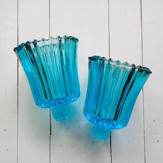 Vintage Light Blue Glass Votive Cup Set of 2 Ribbed Pattern