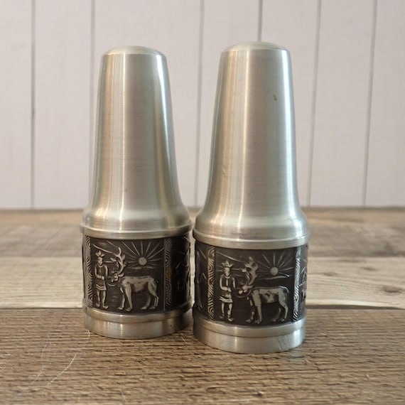 Vintage Norway Pewter Salt and Pepper Shaker Set of 2 with Deer Design