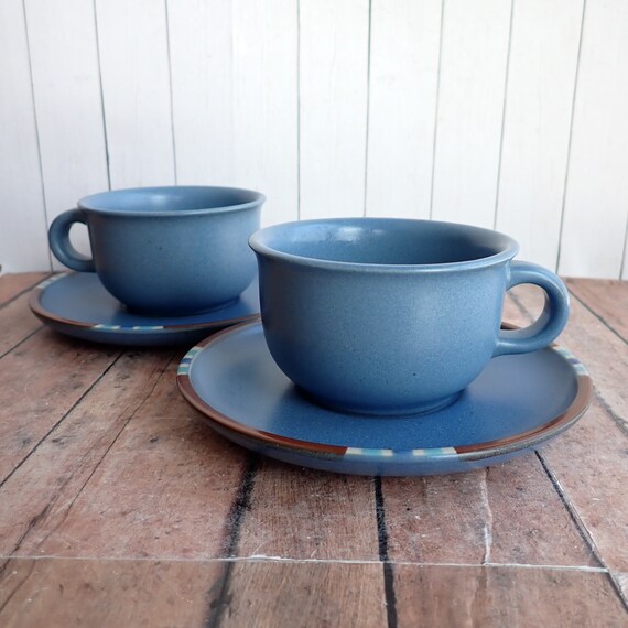 Vintage Dansk MESA SKY BLUE Flat Cups and Saucer Set of 2 Ceramic Stoneware Made in Japan