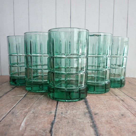 Vintage Anchor Hocking Tartan Green 4" Juice Glass Tumbler Set of 5 Glass with Plaid Line Pattern