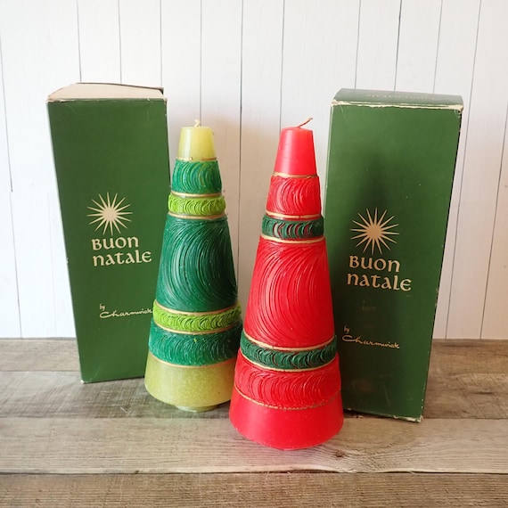 Vintage Charmwick Conical Etched Christmas Tree Candles Set of 2 Green and Red Mid Century