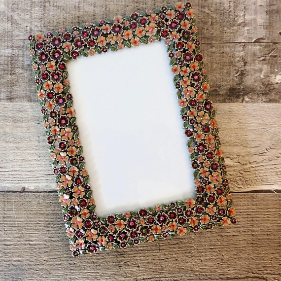 Vintage 4x6 Metal Bronze and Enamel Photo Picture Frame Frames Pink and Purple Flower Design