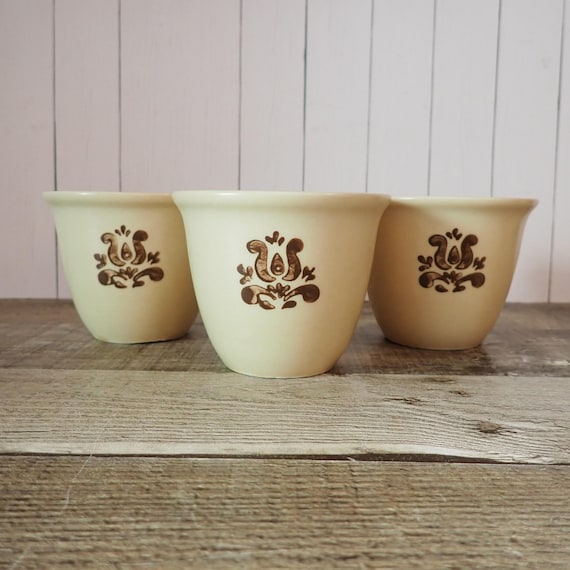 Vintage Pfaltzgraff VILLAGE Set of 3 Custard Cups Cream with Brown Stencil Design