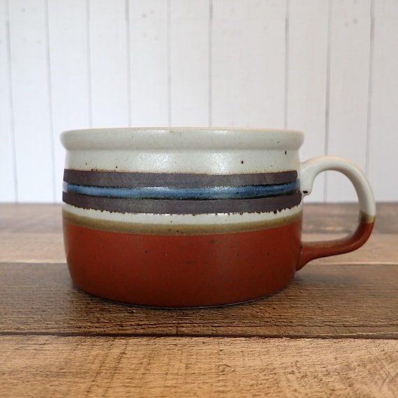 Vintage Otagiri HORIZON Soup Bowl Mug with Handle Single Bowl Ceramic Stoneware Gray with Blue and Brown Bands Pottery