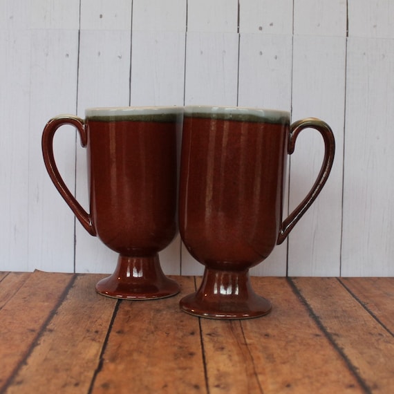 Vintage Stoneware Footed Mug Set of 2 Orange Rust Color Mugs Otagiri Style Mid Century Modern Pottery