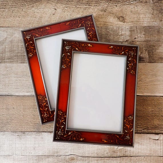 Vintage 5x7 Metal Bronze and Red Enamel Photo Picture Frame Frames with Flower Scroll and Leaf Designs