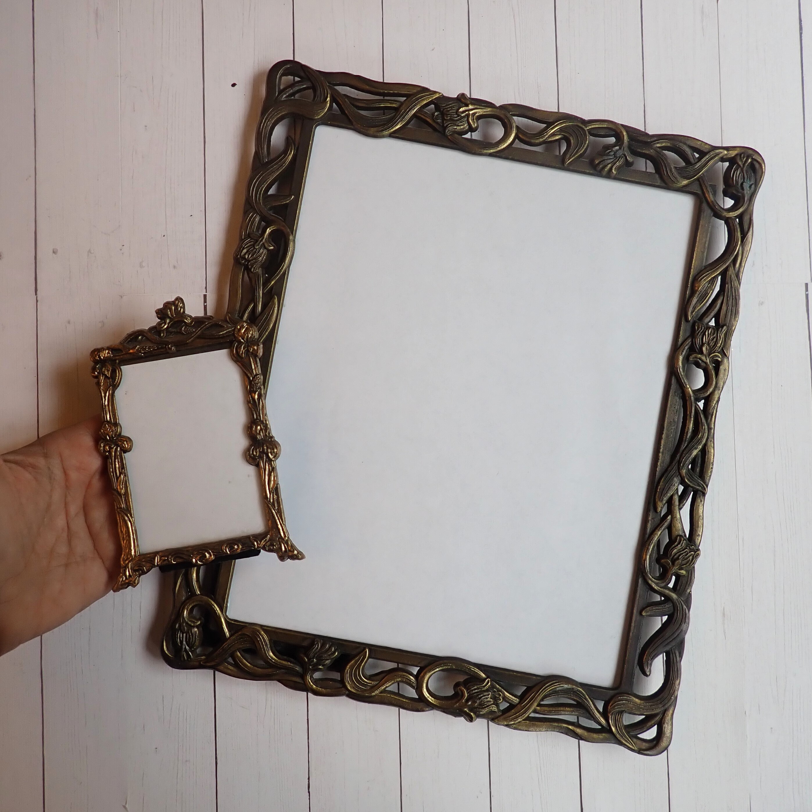 Vintage Bronze Metal Picture Photo Frame Set of 2 Etched Leaf and Tree