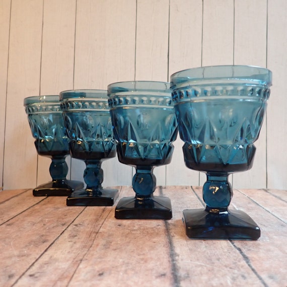 Vintage Indiana Glass Colony PARK LANE Blue 4" Wine Glass Goblet Set of 4 Glasses Colony Mid Century Glassware