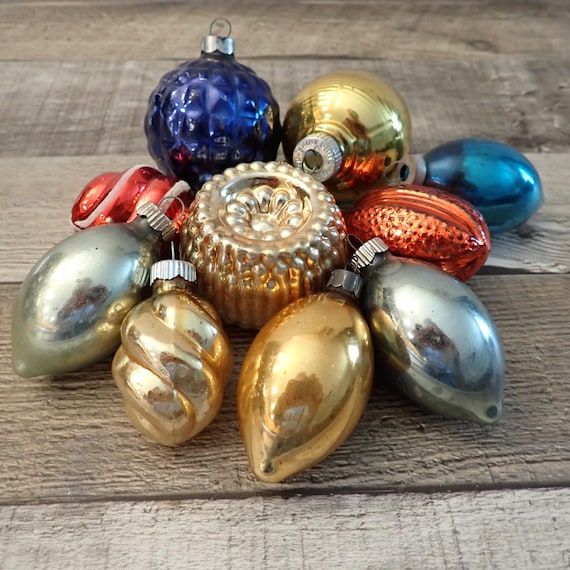 Vintage Mercury Glass Ball and Teardrop Set of 10 Christmas Ornaments Blue Gold and Red