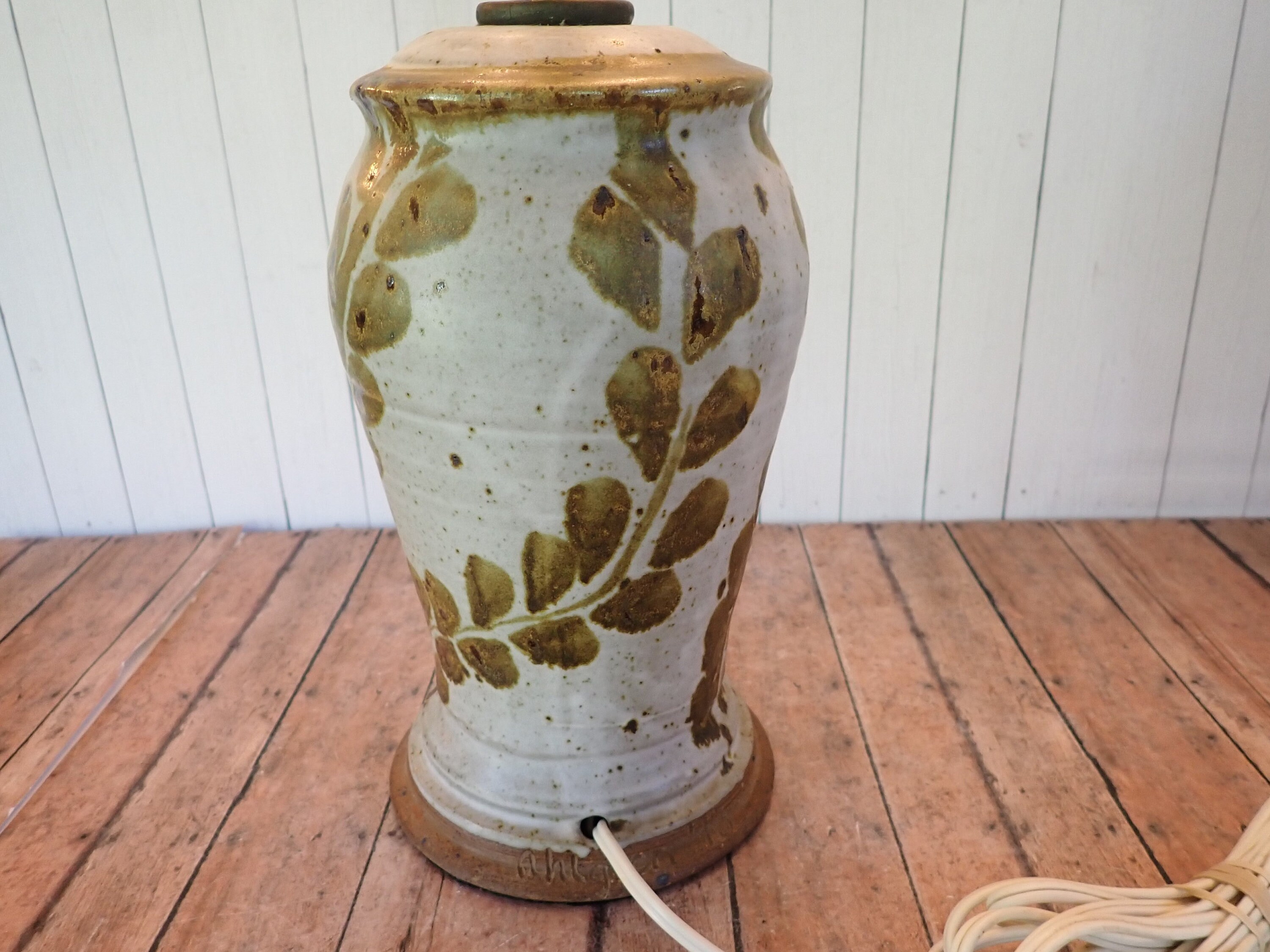Vintage Peggy Ahlgren Wilson Creek Pottery Table Lamp Gray with Brown Leaf Design Hand Made