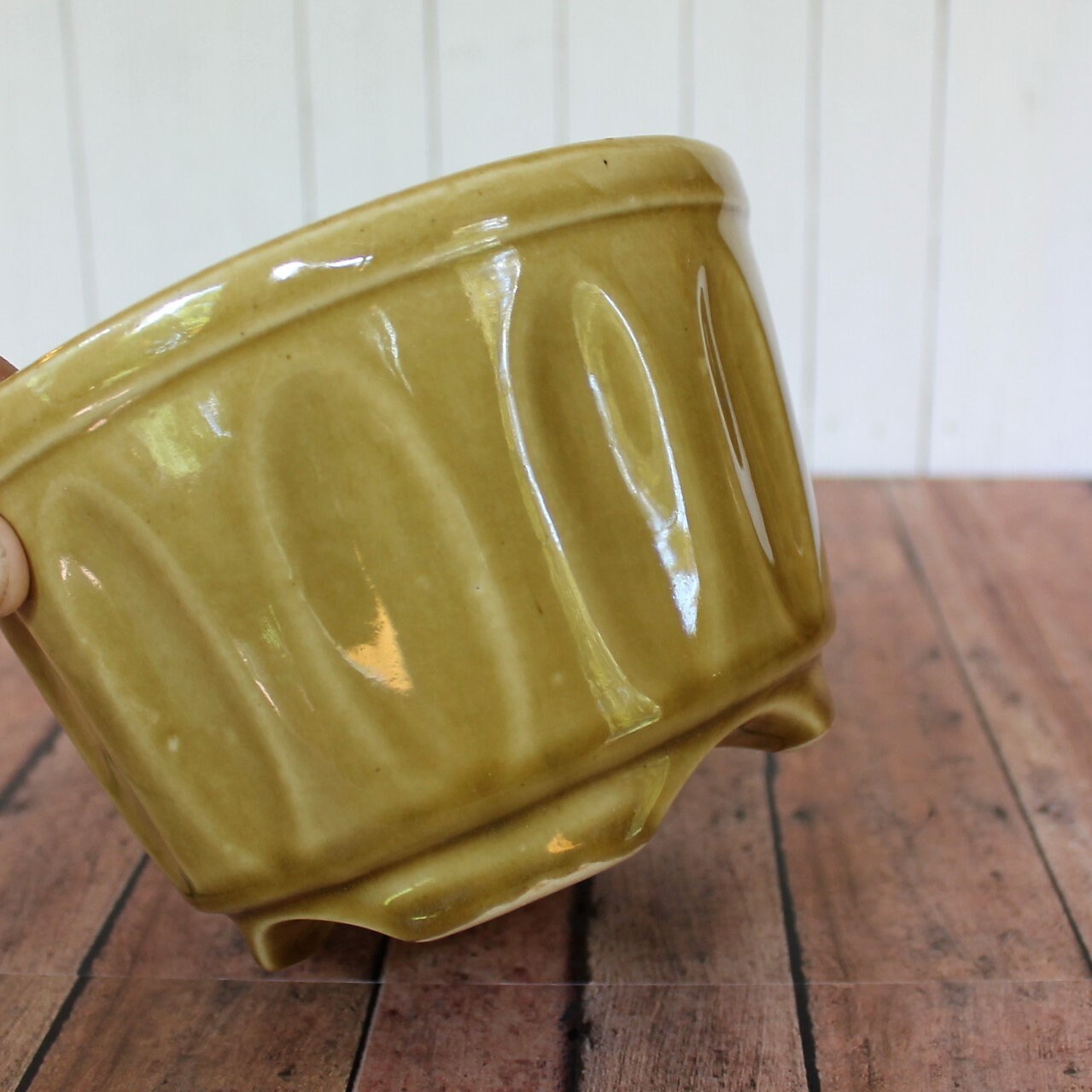Vintage Gold Yellow Ceramic Planter Round Shaped with Oval Ribbed