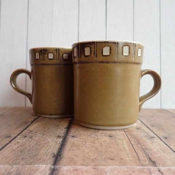 Vintage Kasuga Showa PATIO MOONGLOW Mug Set of 2 Coffee Cups Brown Tan Beige Stoneware with Banded Rim Design Mid Century Modern
