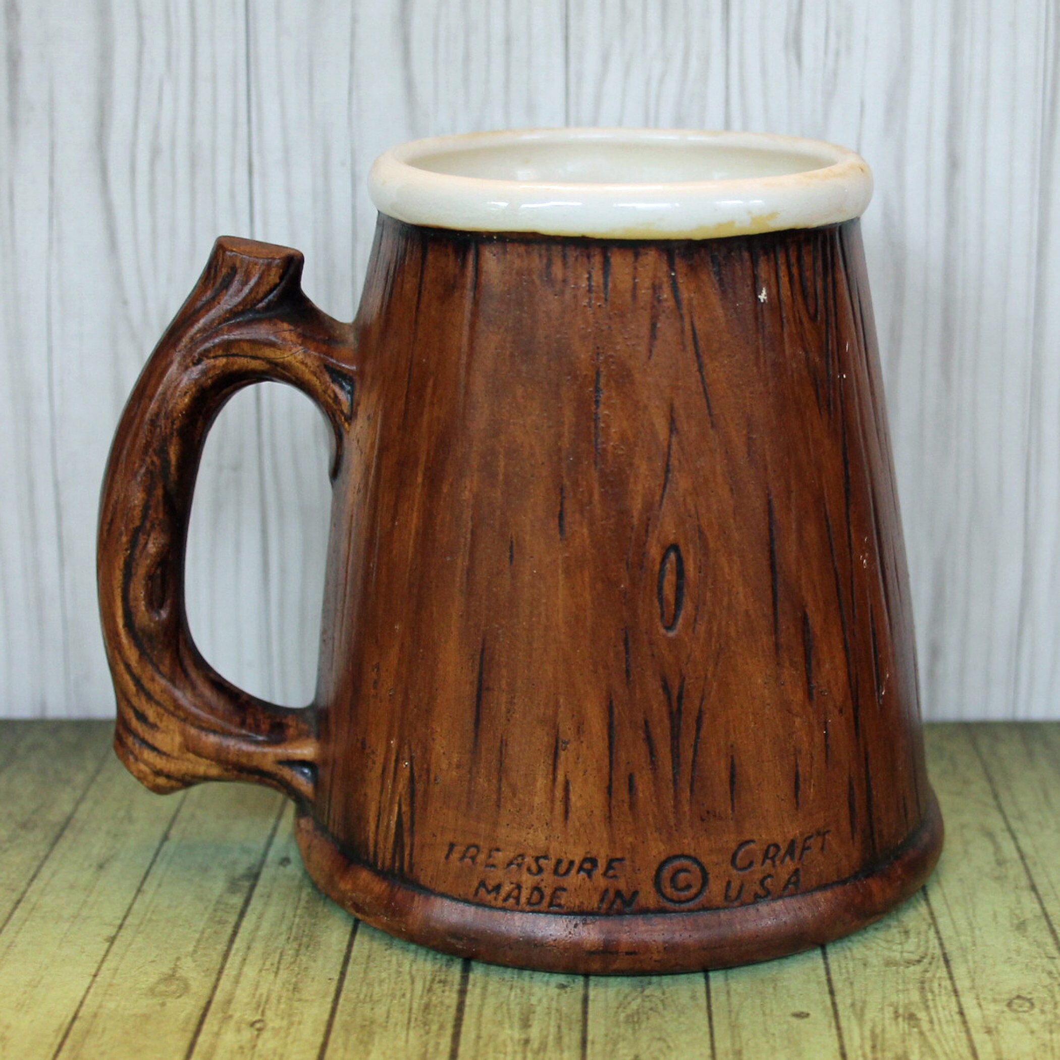 Vintage Treasure Craft Ceramic Beer Mug Stein Brown Faux Wood Texture