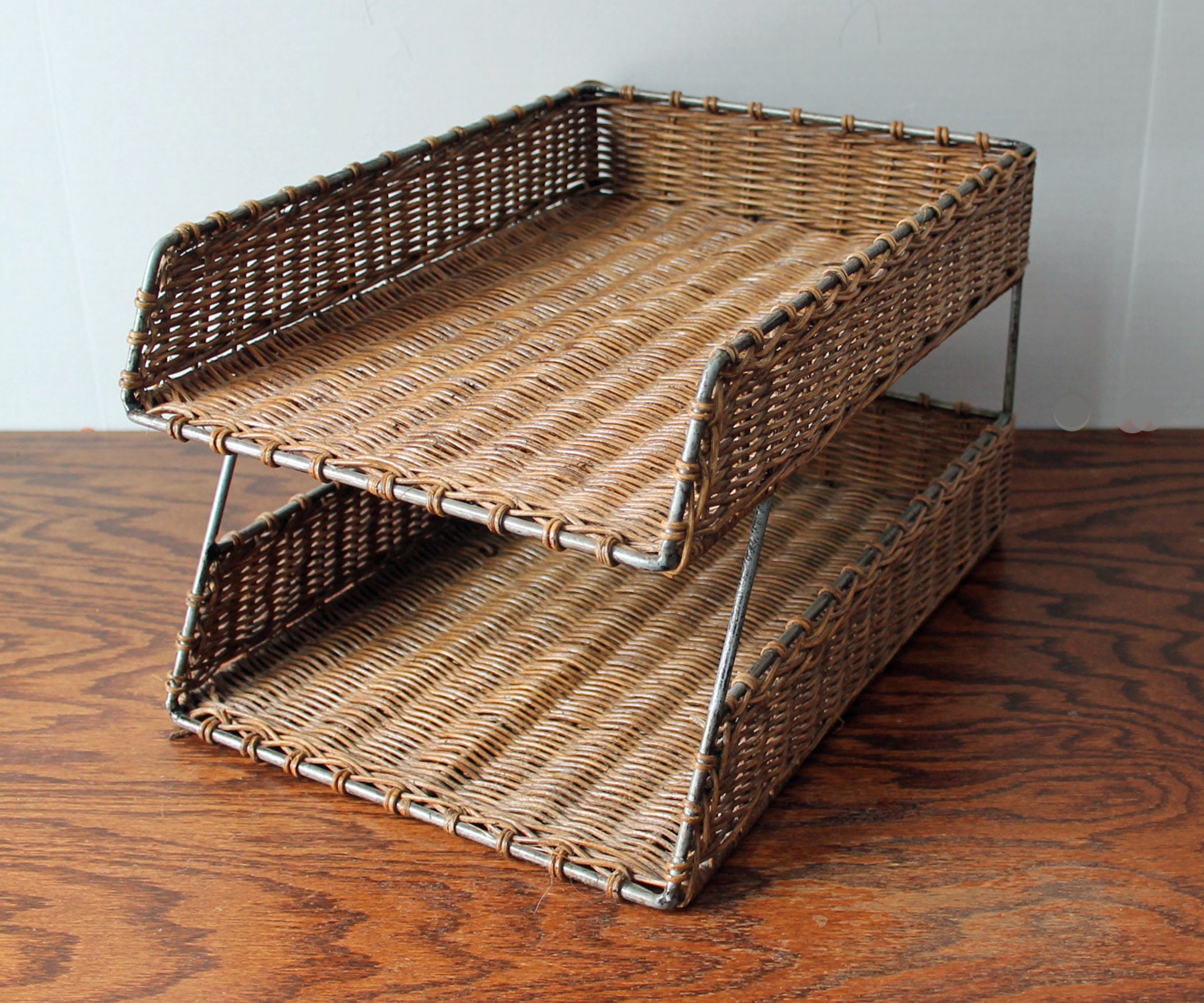 Vintage Wicker and Metal Desk Storage Organizers Set of 4 Office
