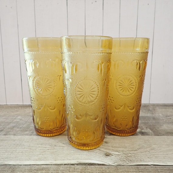 Vintage Brockway Glass AMERICAN CONCORD AMBER 14 oz. Flat Tumbler Coolers 6.5" Set of 3 with Daisy Design Golden Floral Sandwich Design