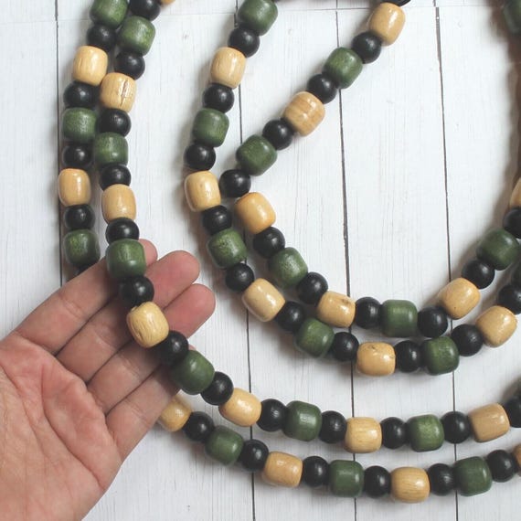 Wood Bead Halloween Garland Black White Green Wooden Beads 16 Ft Length Fall Mantle Decor Hand Made Chunky Bead Garland
