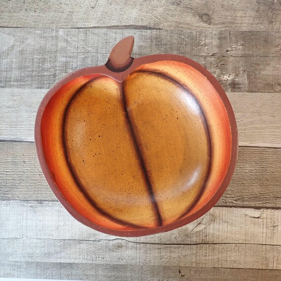 Vintage Wood Pumpkin Bowl Orange Wooden Candy Dish Fall Halloween Thanksgiving Rustic Decor